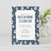 Navy Blue Zeilboten Schattige Beach Housewarming P Kaart (Staand voorkant)