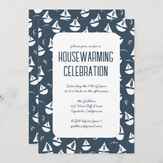 Navy Blue Zeilboten Schattige Beach Housewarming P Kaart (Voorkant / Achterkant)