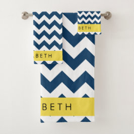Navy Blue Zigzag, Navy Blue Chevron, Jouw naam Bad Handdoek