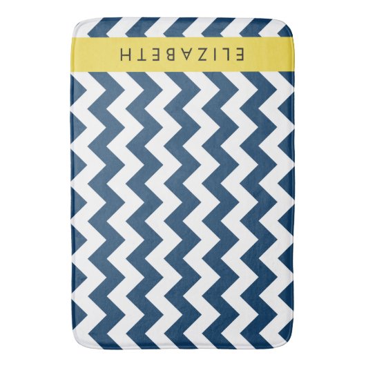 Navy Blue Zigzag, Navy Blue Chevron, Jouw naam Badmat (Voorkant Verticaal)
