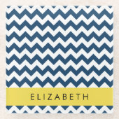 Navy Blue Zigzag, Navy Blue Chevron, Jouw naam Glazen Onderzetter (Voorkant)