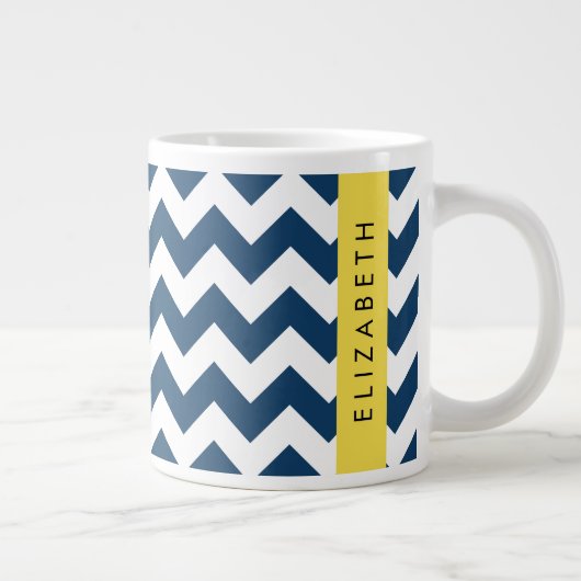 Navy Blue Zigzag, Navy Blue Chevron, Jouw naam Grote Koffiekop (Rechts)