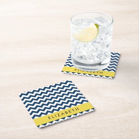Navy Blue Zigzag, Navy Blue Chevron, Jouw naam Kartonnen Onderzetters (Insitu)