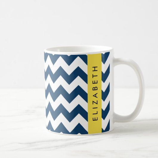 Navy Blue Zigzag, Navy Blue Chevron, Jouw naam Koffiemok (Rechts)