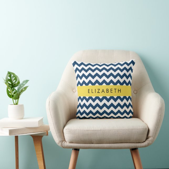 Navy Blue Zigzag, Navy Blue Chevron, Jouw naam Kussen (Stoel)