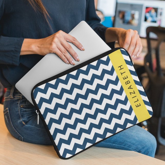 Navy Blue Zigzag, Navy Blue Chevron, Jouw naam Laptop Sleeve (Creator heeft geüpload)