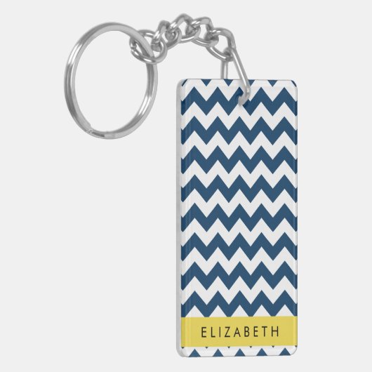 Navy Blue Zigzag, Navy Blue Chevron, Jouw naam Sleutelhanger (Voorkant Links)