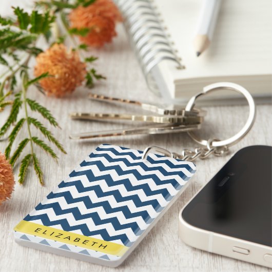 Navy Blue Zigzag, Navy Blue Chevron, Jouw naam Sleutelhanger (Voorkant Rechts)