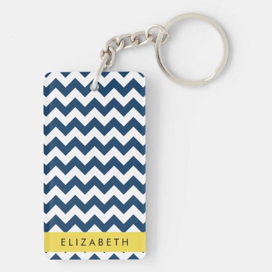 Navy Blue Zigzag, Navy Blue Chevron, Jouw naam Sleutelhanger (achterkant)