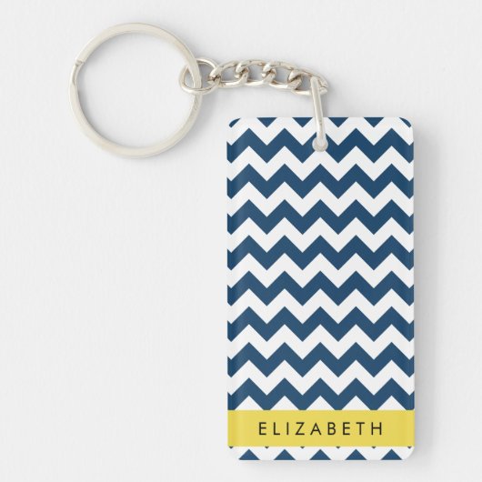 Navy Blue Zigzag, Navy Blue Chevron, Jouw naam Sleutelhanger (Voorkant)