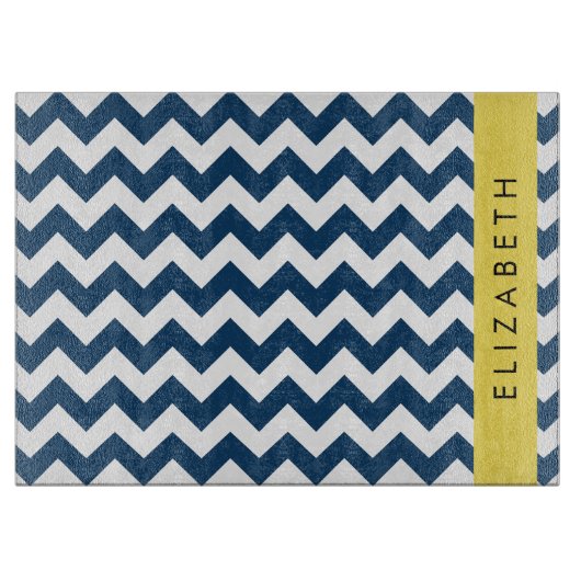 Navy Blue Zigzag, Navy Blue Chevron, Jouw naam Snijplank (Voorkant)