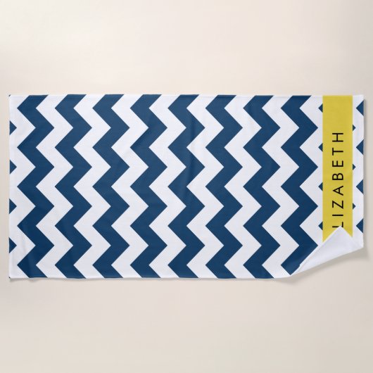 Navy Blue Zigzag, Navy Blue Chevron, Jouw naam Strandlaken (Voorkant)