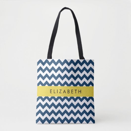 Navy Blue Zigzag, Navy Blue Chevron, Jouw naam Tote Bag (Voorkant)