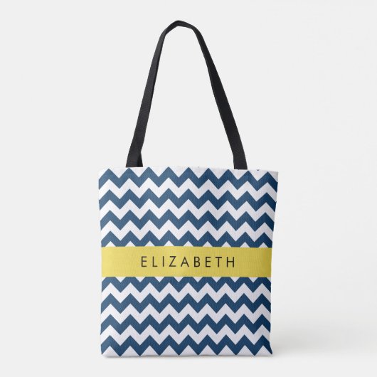 Navy Blue Zigzag, Navy Blue Chevron, Jouw naam Tote Bag (Achterkant)