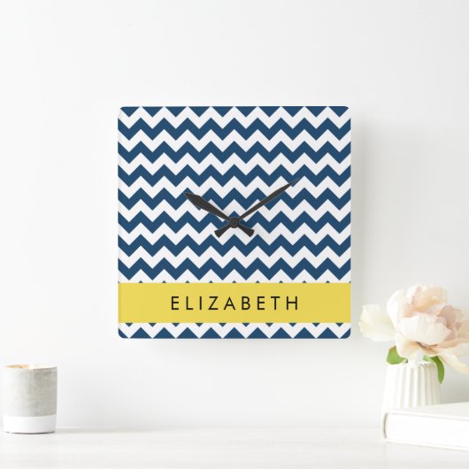 Navy Blue Zigzag, Navy Blue Chevron, Jouw naam Vierkante Klok (Huis)
