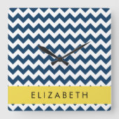Navy Blue Zigzag, Navy Blue Chevron, Jouw naam Vierkante Klok (Voorkant)