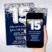 Navy Blue Zilver 15e Verjaardagsfeestje Kaart