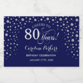 Navy Blue Zilver 80e verjaardag Sparkling Wijnetiket (Enkel label)