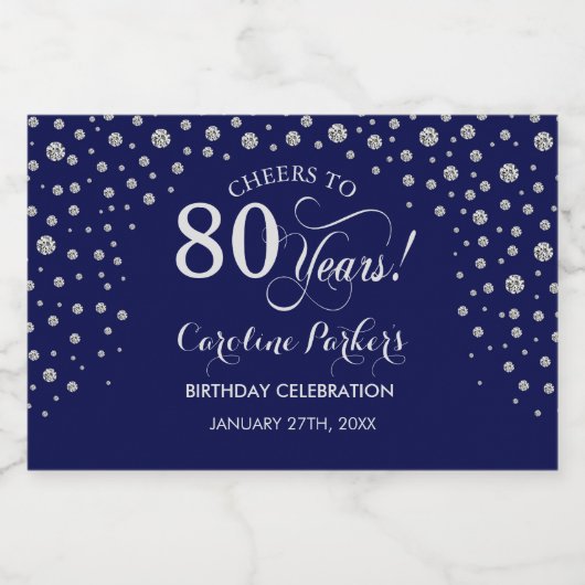 Navy Blue Zilver 80e verjaardag Sparkling Wijnetiket (Enkel label)