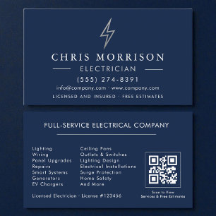 Navy Blue Zilver Elektromonteur QR Code Visitekaartje