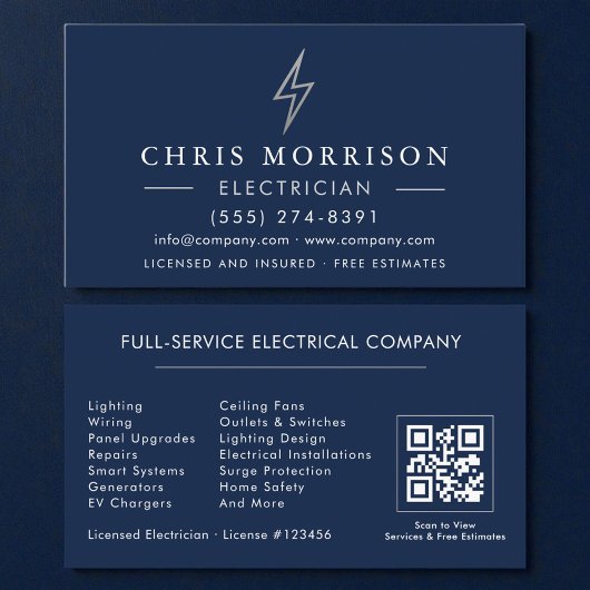 Navy Blue Zilver Elektromonteur QR Code Visitekaartje