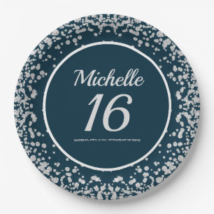 Navy Blue Zilver Glitter 16e Verjaardag Papieren Bordje