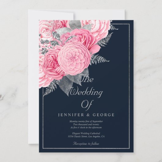 Navy blue zilver glitter roze bruinktbruiloft kaart (Voorkant)