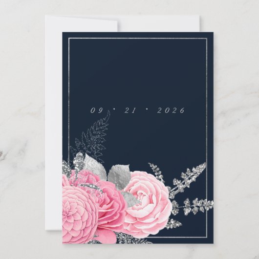 Navy blue zilver glitter roze bruinktbruiloft kaart (Achterkant)