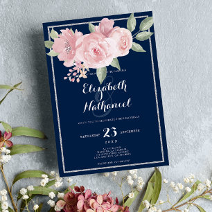 Navy blue zilver roze groene bloemenattractie brui kaart