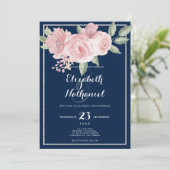 Navy blue zilver roze groene bloemenattractie brui kaart (Staand voorkant)