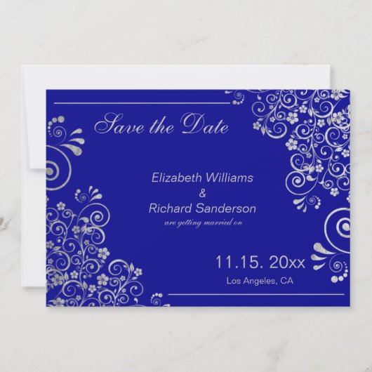 Navy Blue Zilver Save the Date Trouwen (Voorkant)