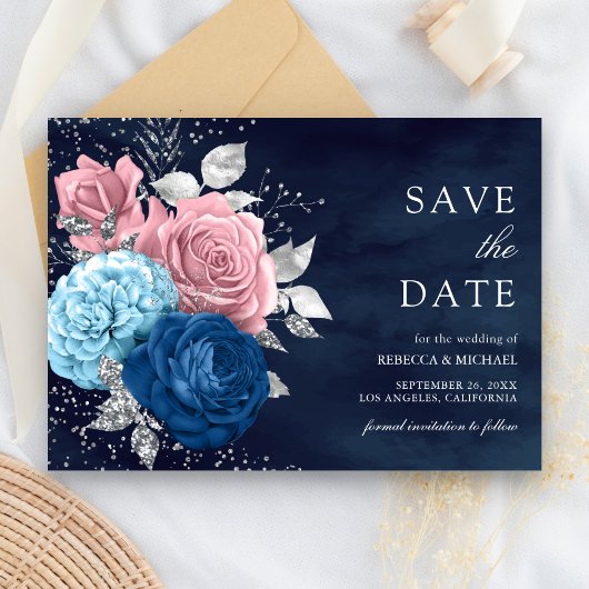 Navy Blue Zilver Stof Roze Bloem Bruiloft Save The Date