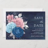 Navy Blue Zilver Stof Roze Bloem Bruiloft Save The Date (Voorkant)