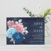 Navy Blue Zilver Stof Roze Bloem Bruiloft Save The Date (Staand voorkant)