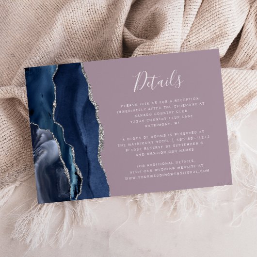 Navy Blue Zilveren Agaat Mauve Trouwdetails Informatiekaartje