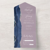 Navy Blue Zilveren Agaat Mauve Wedding All In One Uitnodiging (Binnen)