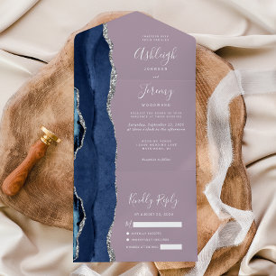 Navy Blue Zilveren Agaat Mauve Wedding All In One Uitnodiging