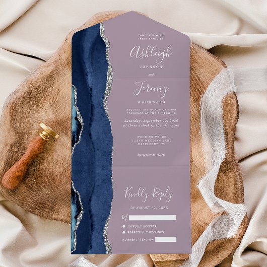 Navy Blue Zilveren Agaat Mauve Wedding All In One Uitnodiging