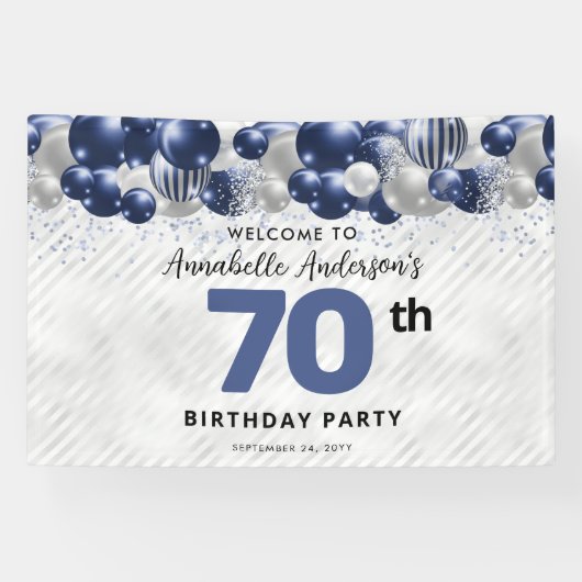 Navy Blue Zilveren Ballon 70e Verjaardag Welkom Spandoek (Horizontaal)