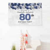 Navy Blue Zilveren Ballon 80e Verjaardag Welkom Spandoek (Insitu)