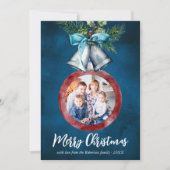 Navy Blue Zilveren Bells Kerstmis Foto Feestdagenkaart (Voorkant)