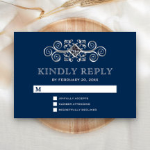 Navy Blue Zilveren Bloemrijke RSVP