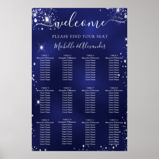 Navy blue zilveren glitter bruiloft poster (Voorkant)