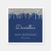 Navy Blue Zilveren Glitter Drip 30ste Verjaardagsf Servet (Voorkant)