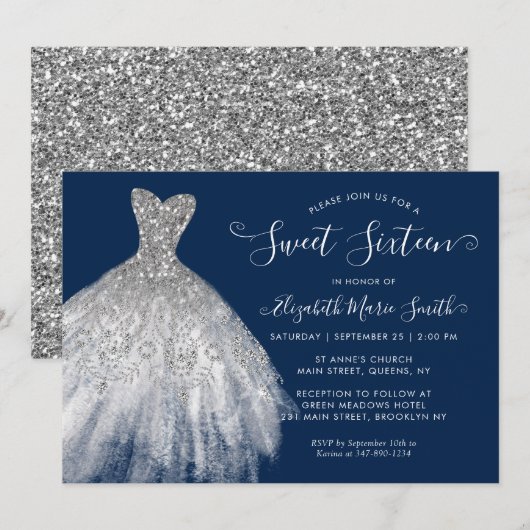 Navy Blue Zilveren Glitter Jurk Sweet 16 Verjaarda Kaart (Voorkant / Achterkant)