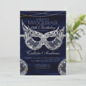 Navy Blue Zilveren Glitter Kant Maskerade Verjaard Kaart (Staand voorkant)