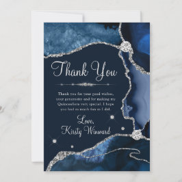 Navy Blue & Zilveren Nep Glitter Agate Quinceanera Bedankkaart