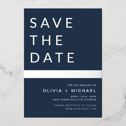 Navy Blue Zilveren Streep Save the Date Elegant Folie Uitnodiging (Voorkant)