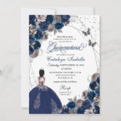 Navy Blue & Zilveren Vlinder Prinses Quinceanera Kaart (Voorkant)
