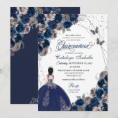 Navy Blue & Zilveren Vlinder Prinses Quinceanera Kaart (Voorkant / Achterkant)